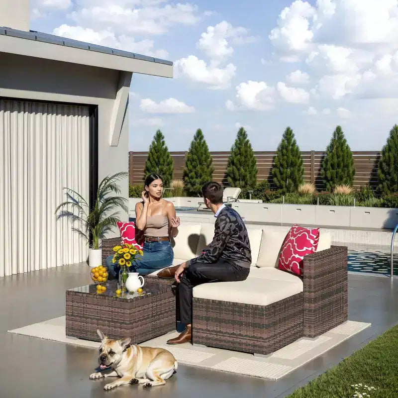 5-teiliges Gartenmöbel-Set, wetterfestes Ecksofa aus Rattan mit rutschfesten Kissen, Gartenmöbel-Sofa-Set aus Rattan mit Hocker