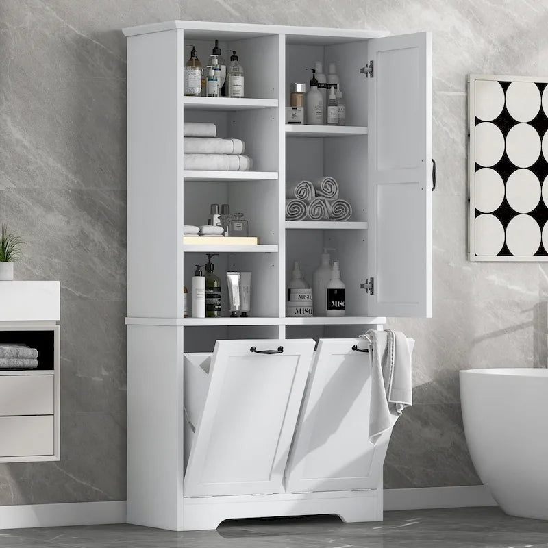 Meuble de rangement de salle de bain avec tiroirs, panier à linge basculant, plusieurs espaces de rangement, étagère ouverte et étagère réglable