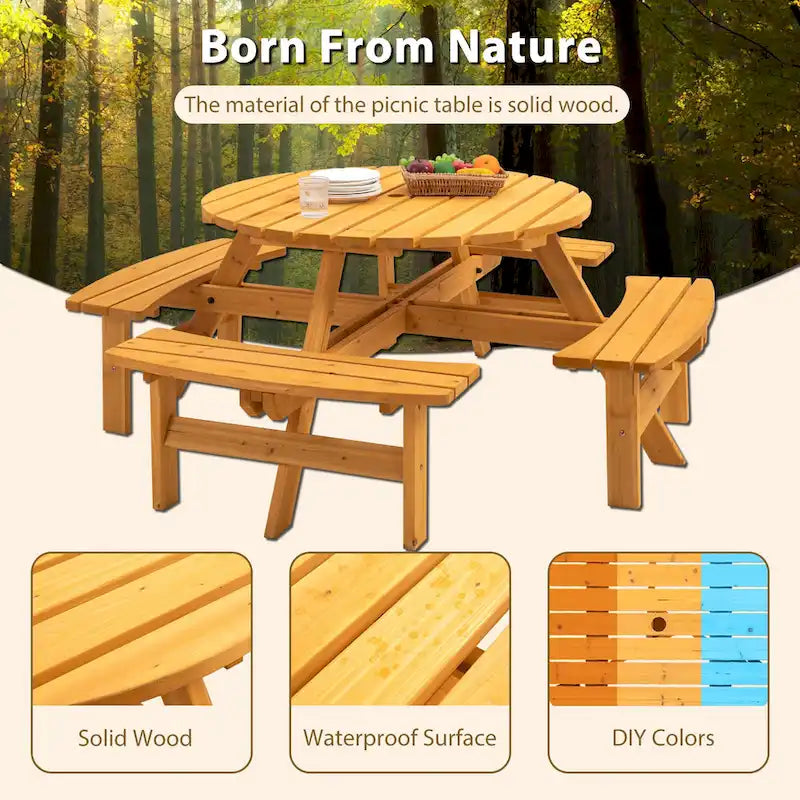 Ensemble de pique-nique rond en bois de sapin pour terrasse extérieure, pour 8 personnes, avec 4 bancs intégrés et un trou pour parasol