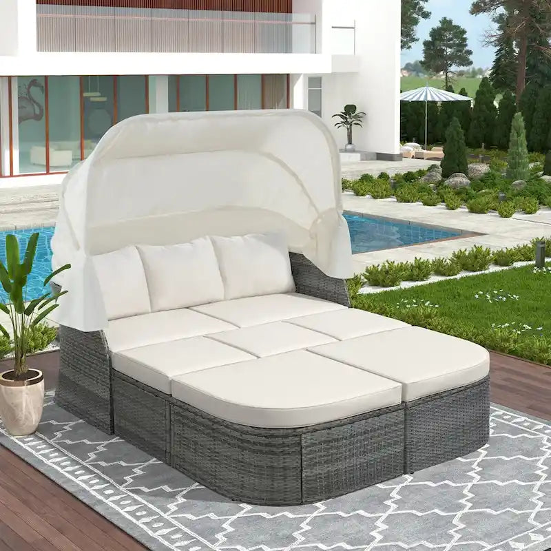Graues Outdoor-Daybed aus Rattan mit Kissen und ausziehbarem Sonnendach