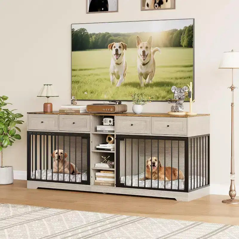 Meuble double cage pour chiens 82, grand chenil d’intérieur pour 2 chiens, cage en bois robuste faisant office de meuble TV avec 4 tiroirs et des étagères