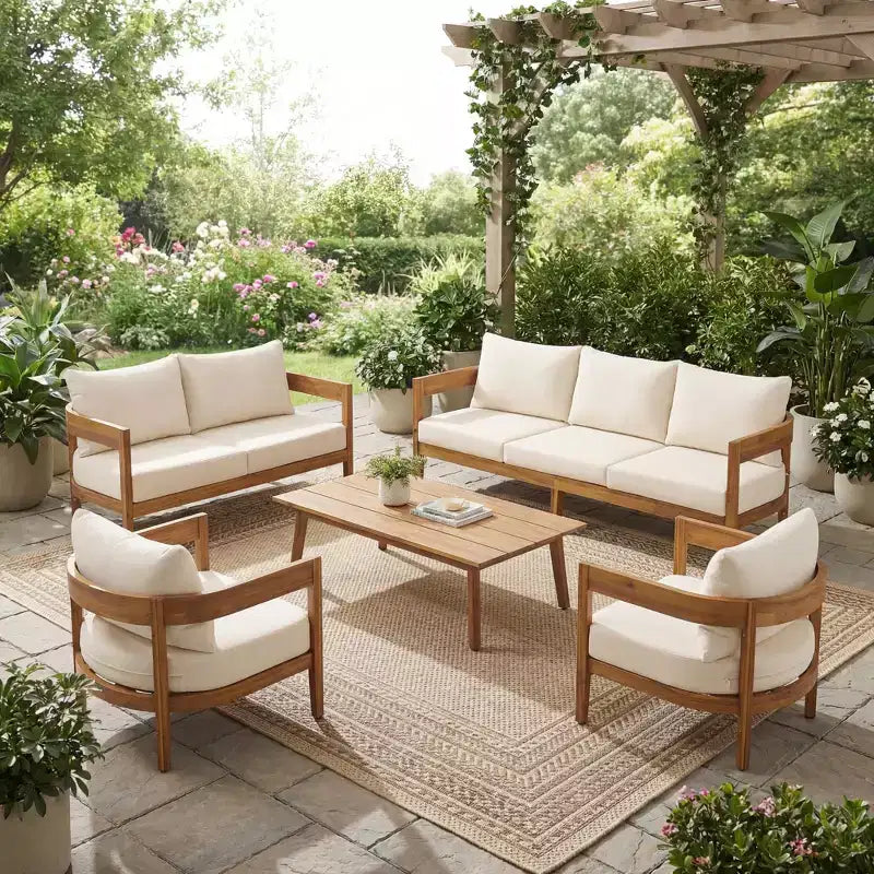 Christopher Knight Home Safira 5-teiliges rustikales Gartensitzset aus Akazienholz mit dicken Kissen