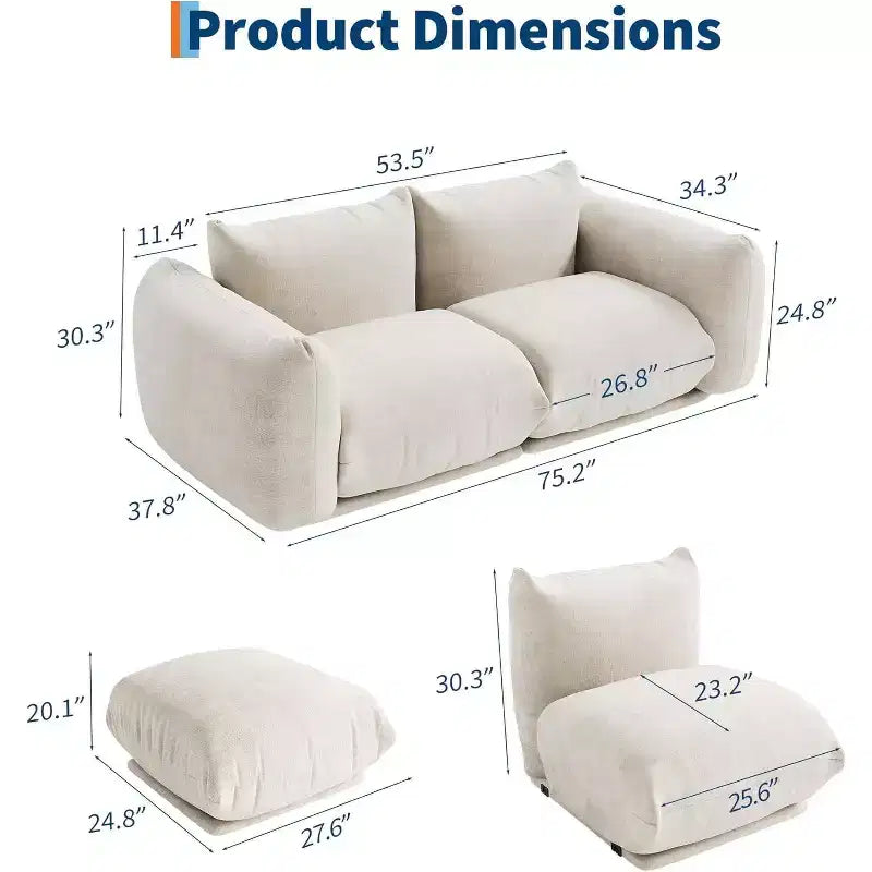 Modulares Zweisitzer-Sofa aus Chenille, Cloud-Sofa mit 2 Sitzplätzen und hochelastischem Schaumstoff, bodenloses Sofa für kleine Räume