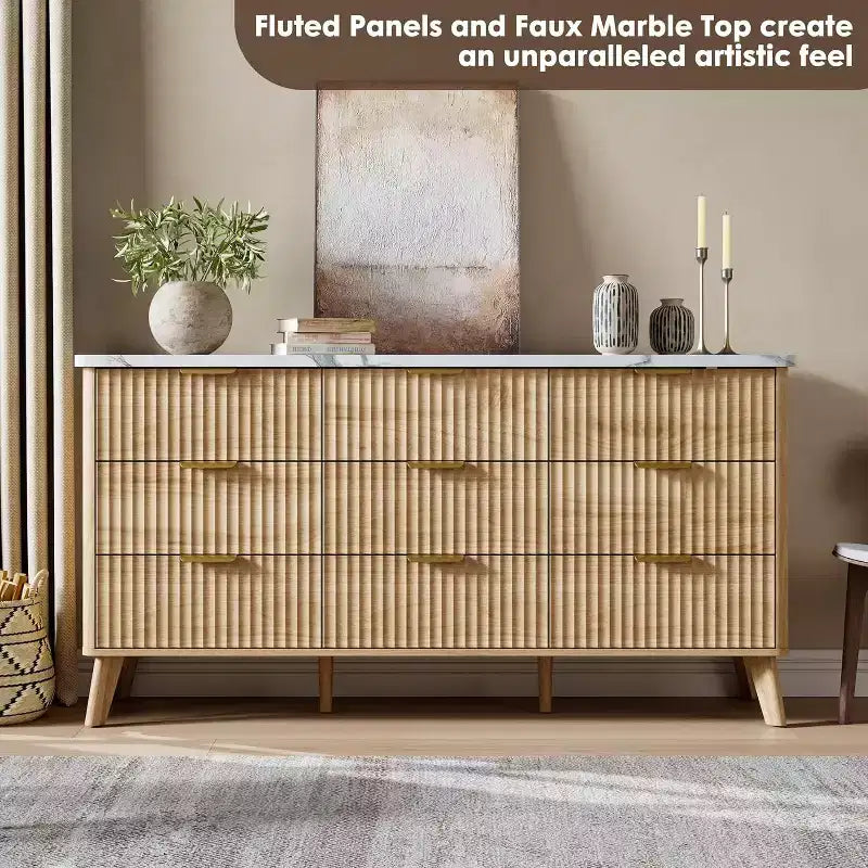 Kommode mit 9 geriffelten Schubladen, moderne Anrichte, TV-Ständer aus Holz, geschwungenes Design, für Wohnzimmer und Flur