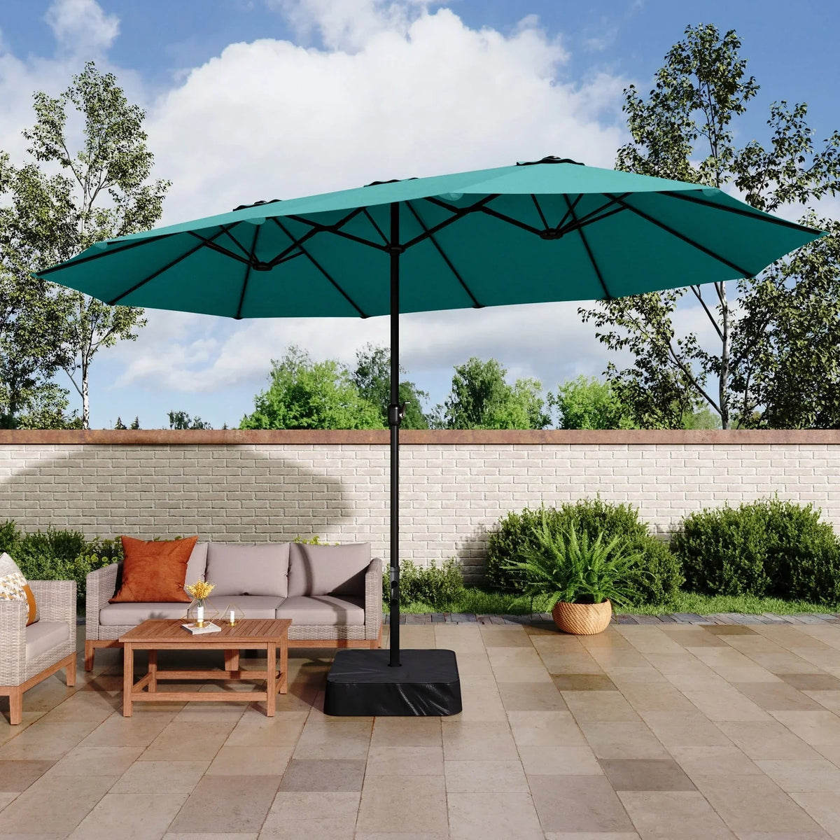 MAISON ARTS 15ft großer doppelseitiger Terrassenschirm mit zwei Schirmen, Standfuß inklusive