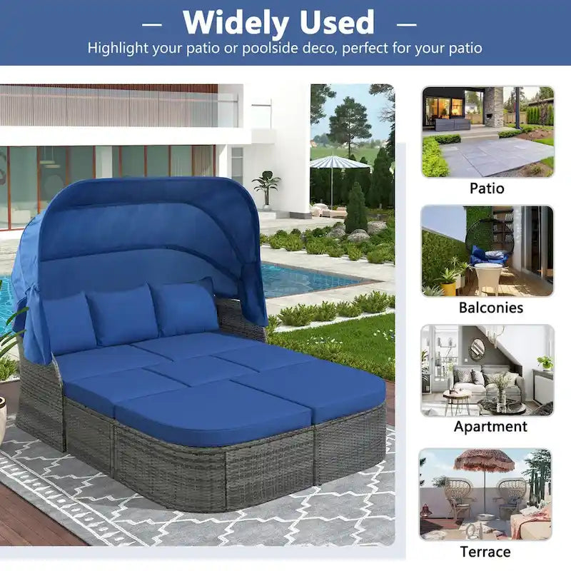 Graues Outdoor-Daybed aus Rattan mit Kissen und ausziehbarem Sonnendach