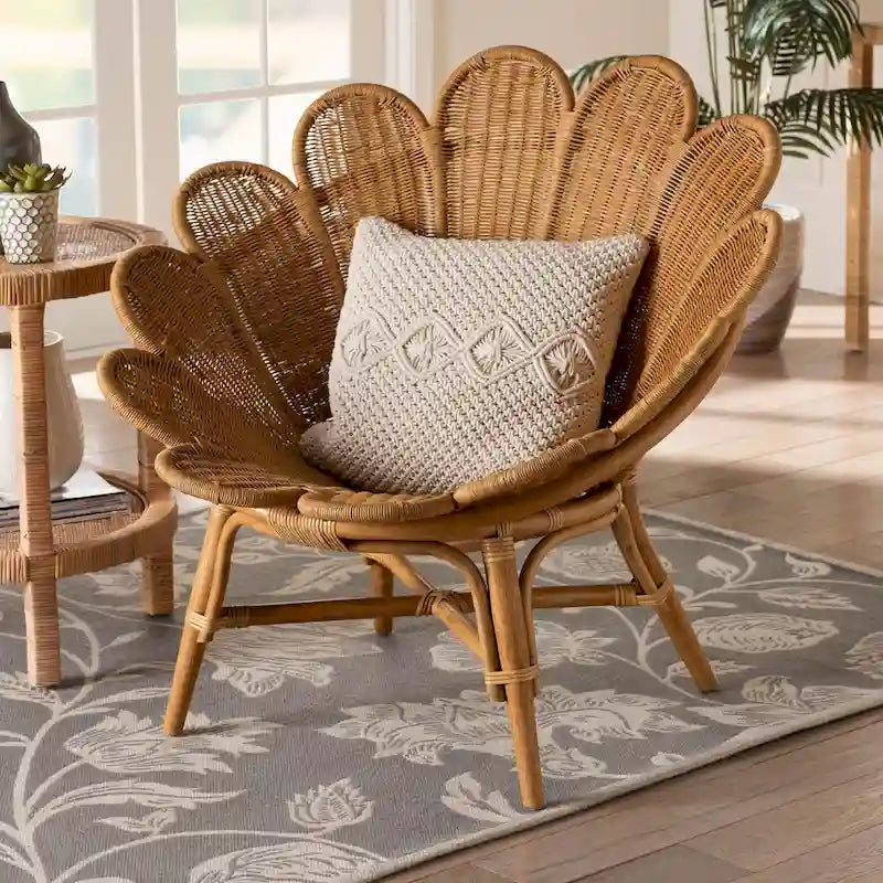 Fauteuil fleuri d’appoint en rotin miel, style bohème Blossom