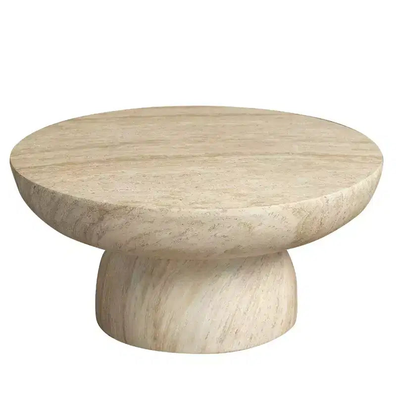 LeisureMod Lunexa runder Couchtisch, Akzenttisch mit Sockel aus Fiberstone für drinnen und draußen, skulpturales Design mit rutschfesten Fußgleitern