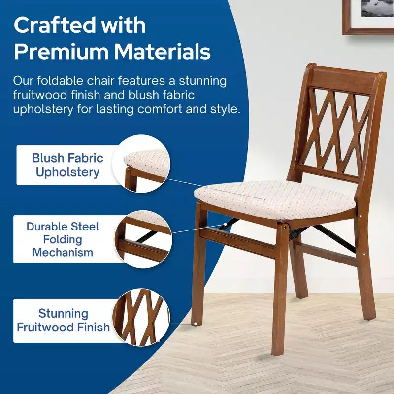 Stakmore houten klapstoelen met rasterrugleuning en gewatteerde zitting, fruitwood, set van 2