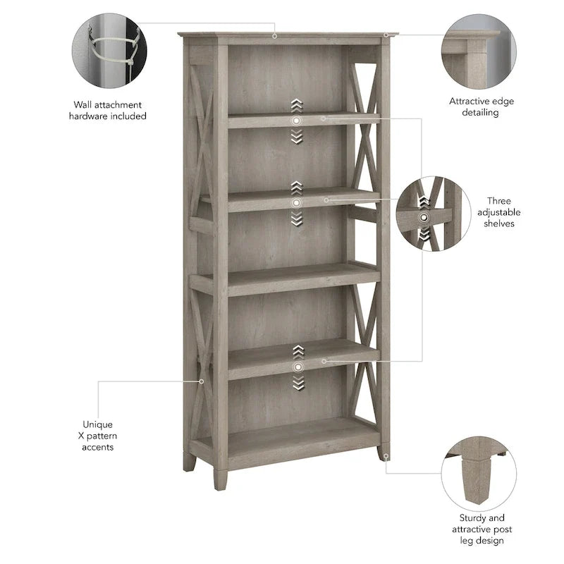 Boekenkast met 5 planken uit de Key West-serie van Bush Furniture