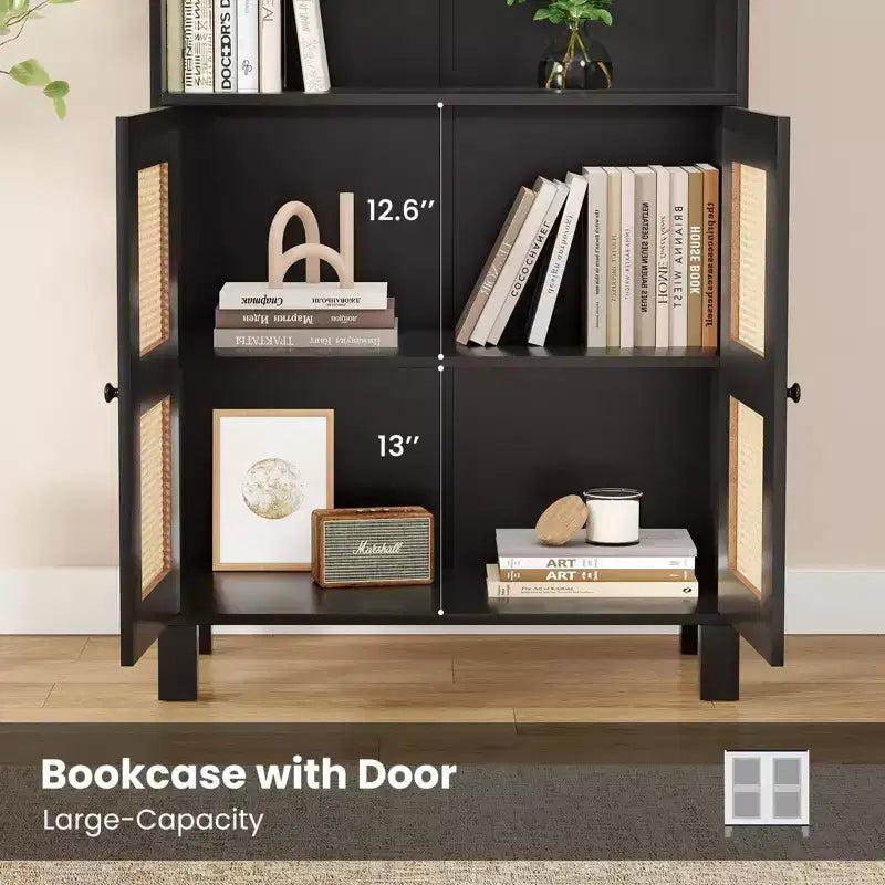 TUYOHW Tall Bookcase with Rattan Doors,5-Shelf Freestanding Storage Cabinet,Bookshelf for Living Room,Bedroom,Home Office