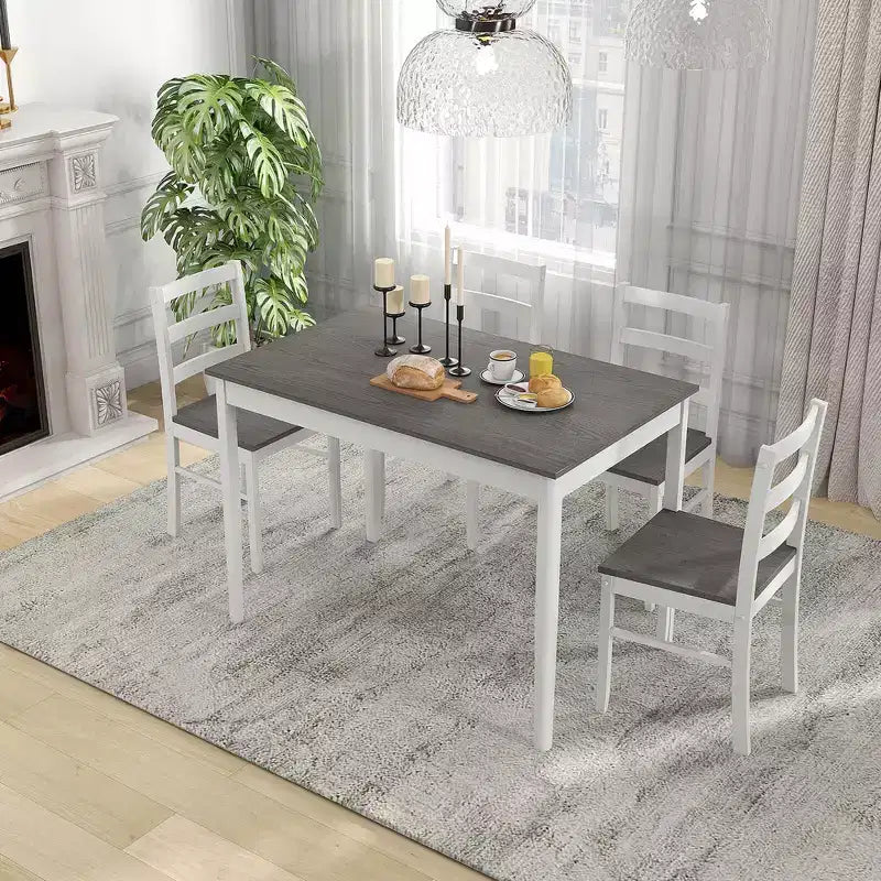 Costway 5-delige eetkamerset van massief hout, keukenmeubels met rechthoekige tafel en 4 stoelen, naturel/koffiekleur/grijs