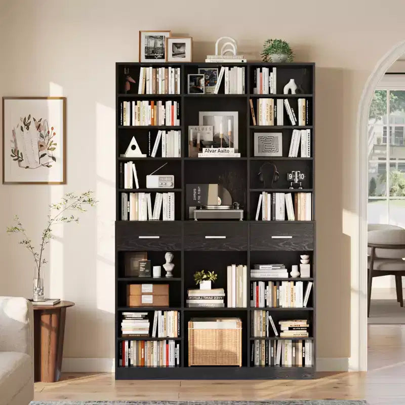 Bibliothèque noire et blanche à 9 niveaux avec 3 tiroirs et étagères réglables