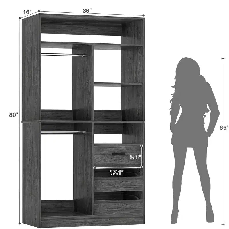 Organizer per armadio con cassetti in legno, sistema guardaroba indipendente con aste appendiabiti