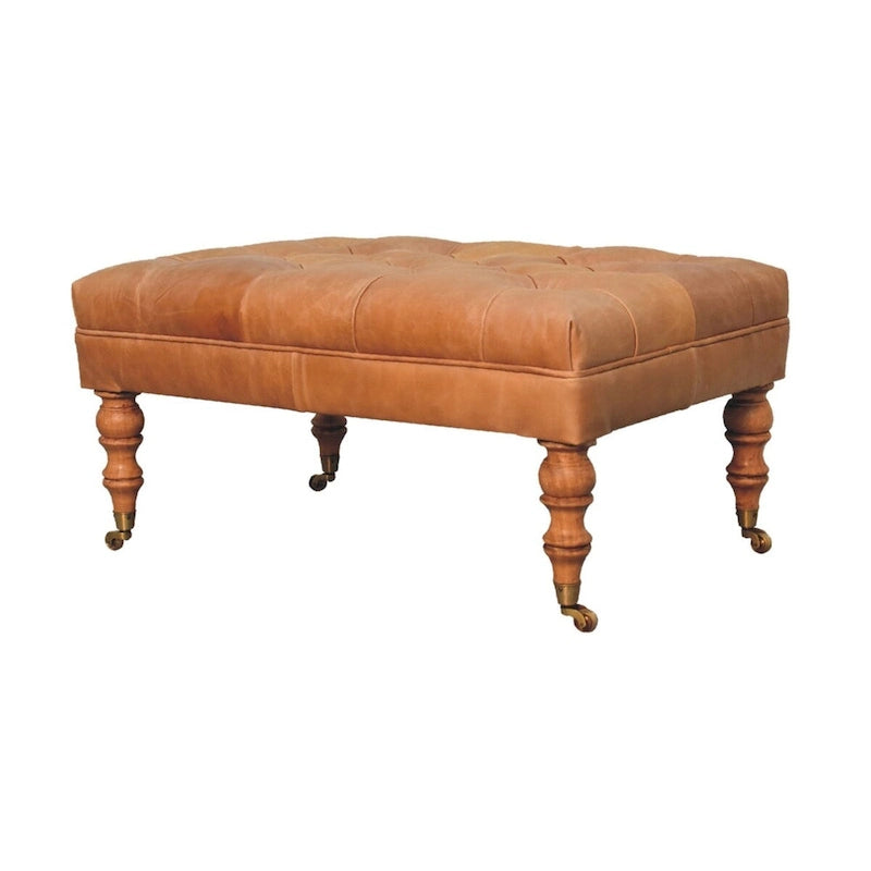 Artisan Furniture Solid Wood Buffalo Tan Leather Ottoman with Castor Legs