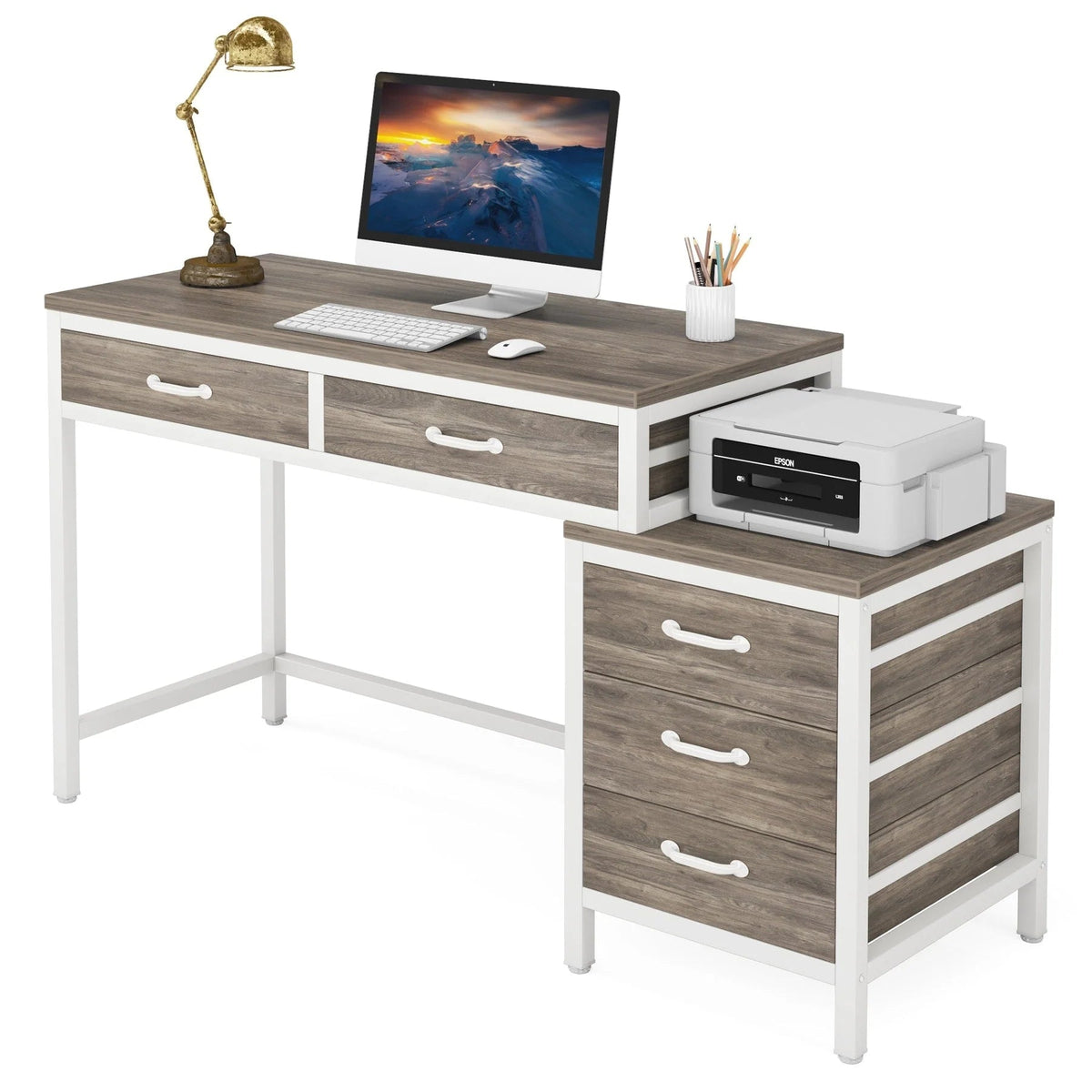Wendbarer Computerschreibtisch mit 5 Schubladen, Schreibtisch fürs Homeoffice mit Aktenschublade und Druckerständer
