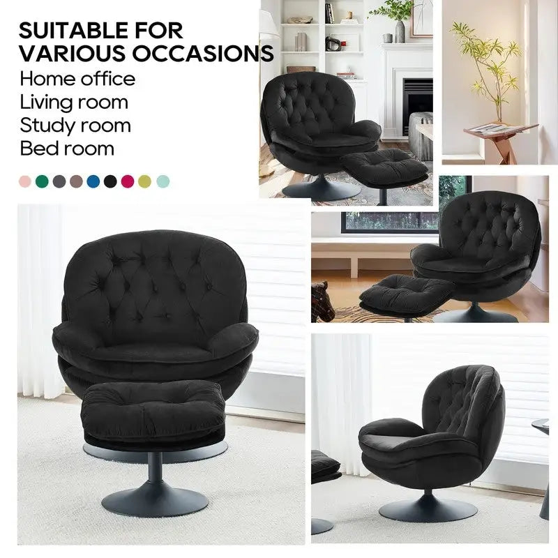Fluwelen draaifauteuil met voetenbank, ronde leesfauteuil met voetenbankset, 360 draaibaar, metalen frame