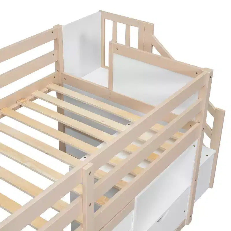 94.6L x 42.3W niedriges Hochbett aus Massivholz in Einzelgröße mit Treppe, Schublade und Regal, modernes und schlichtes Design