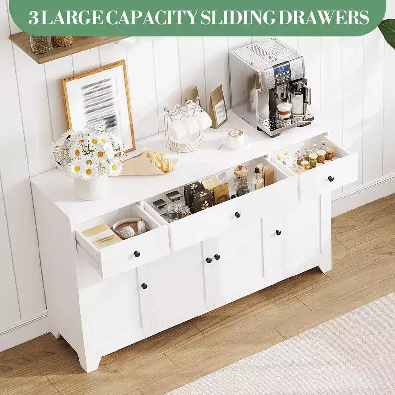 Buffet 55 avec 3 tiroirs et 4 portes, meuble de rangement de cuisine avec étagère réglable, pour la salle à manger ou le salon