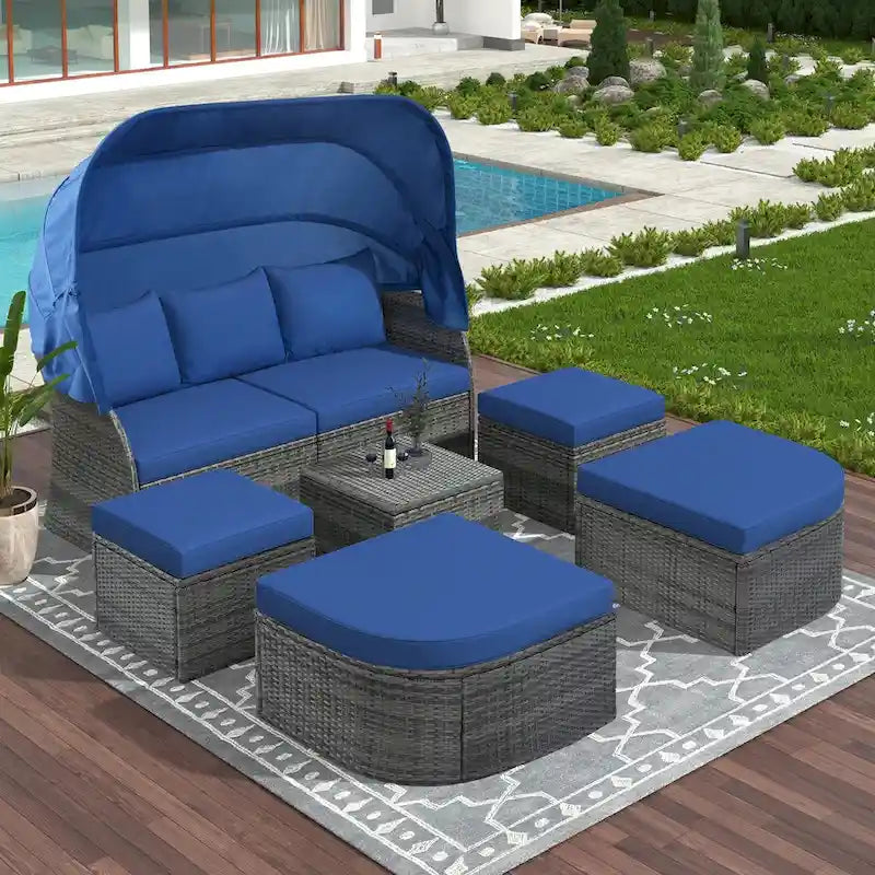 Graues Outdoor-Daybed aus Rattan mit Kissen und ausziehbarem Sonnendach