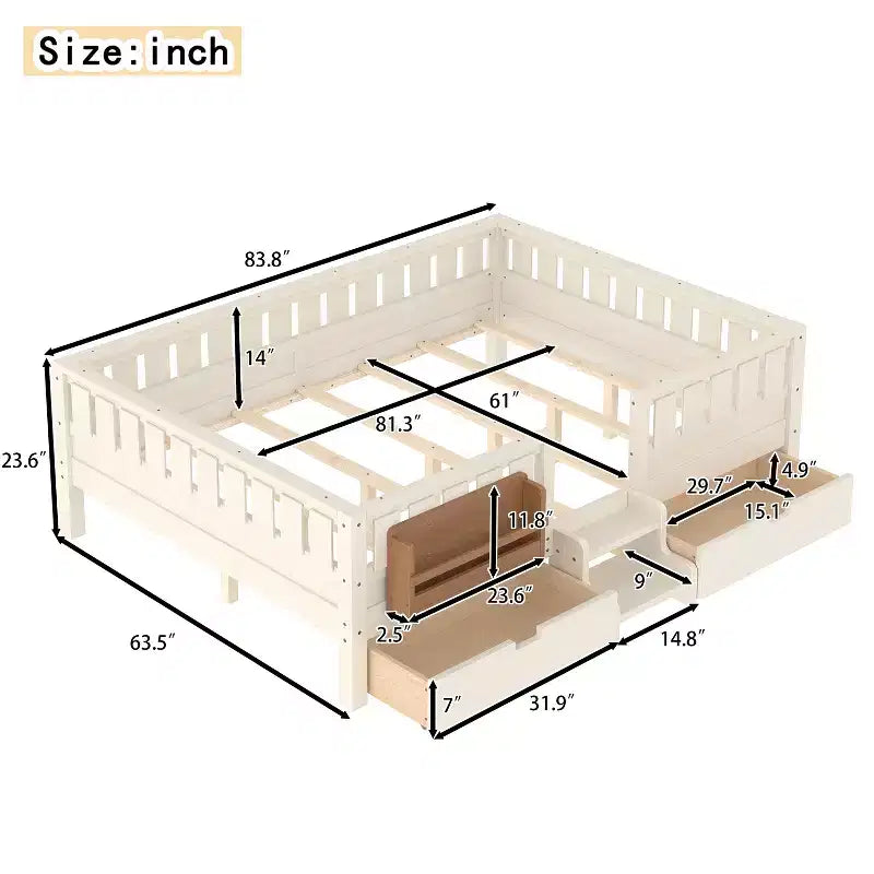 Lit pour enfant Bellemave format queen avec 14 barrières de sécurité, cadre de lit compact avec bibliothèque intégrée et 2 tiroirs de rangement sous le lit