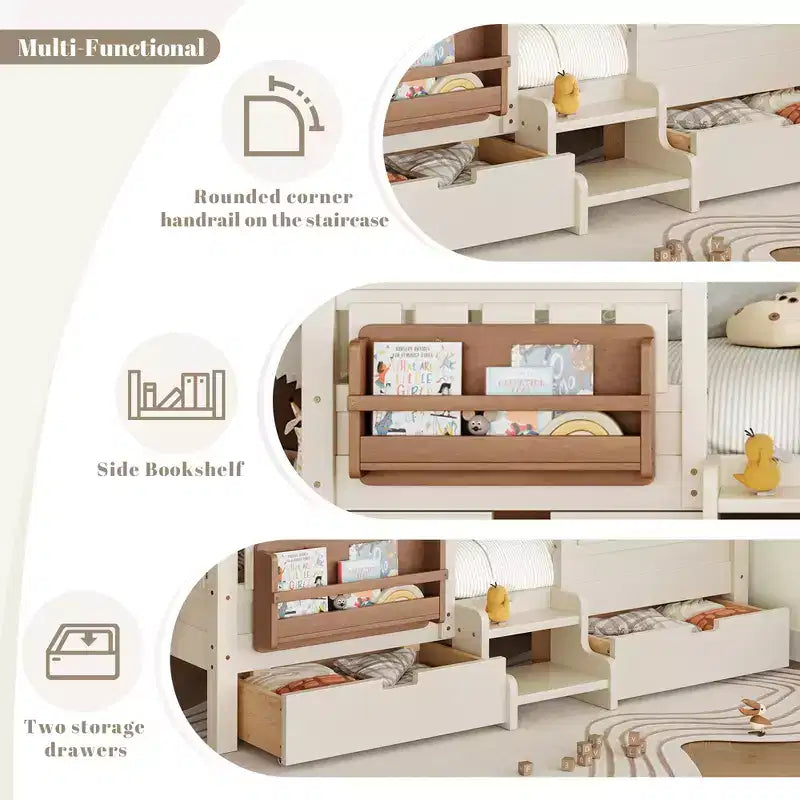 Lit pour enfant Bellemave format queen avec 14 barrières de sécurité, cadre de lit compact avec bibliothèque intégrée et 2 tiroirs de rangement sous le lit
