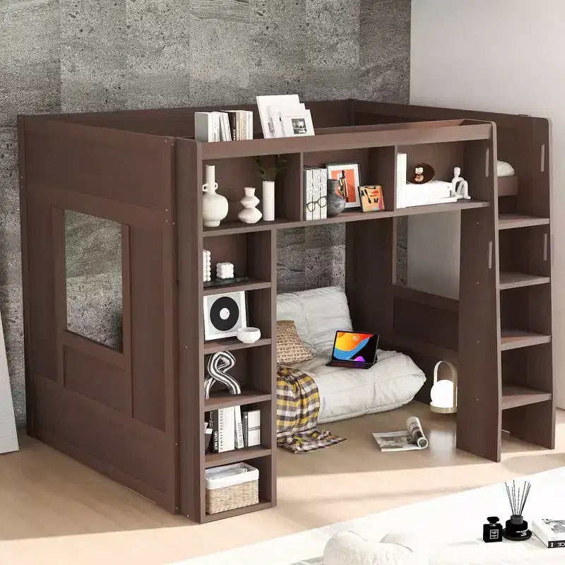 Whisen-Hochbett aus Holz in Queen-Size mit Stauschränken und Regalen