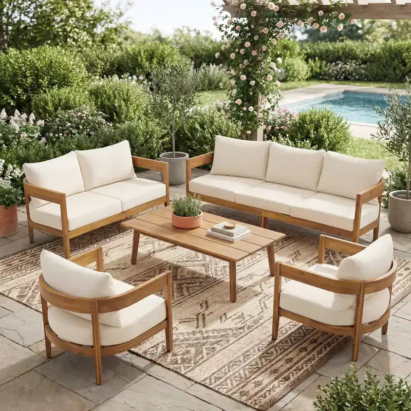 Christopher Knight Home Safira 5-teiliges rustikales Gartensitzset aus Akazienholz mit dicken Kissen