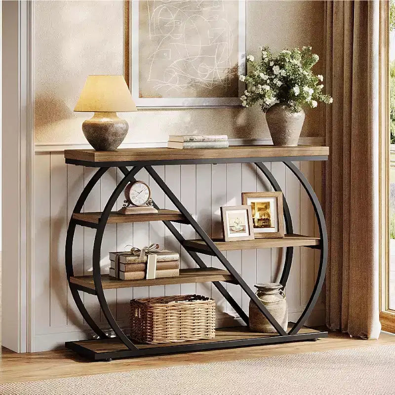 Lantine 41.3 consoletafel, industriële haltafel met 5 niveaus, opbergplanken en gebogen metalen frame, houten haltafel voor de entree