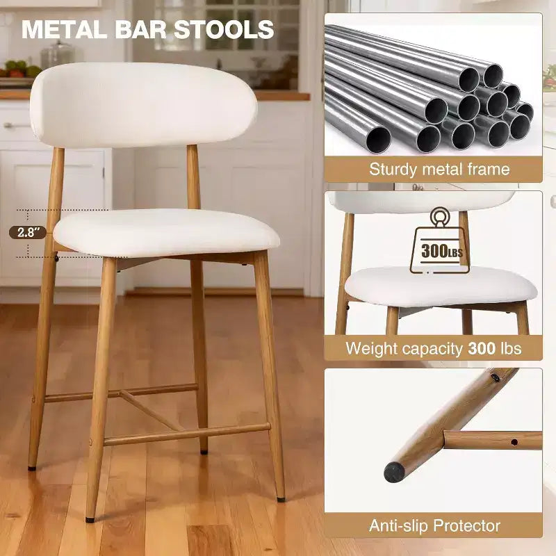 Tabouret de bar à hauteur de comptoir avec assise rembourrée et pieds en métal, chaise moderne de cuisine de 26.3