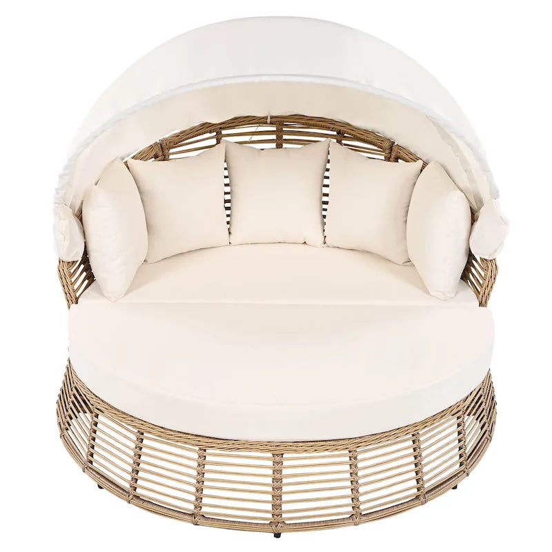Daybed rotondo da esterno in rattan con tettoia e cuscini rimovibili