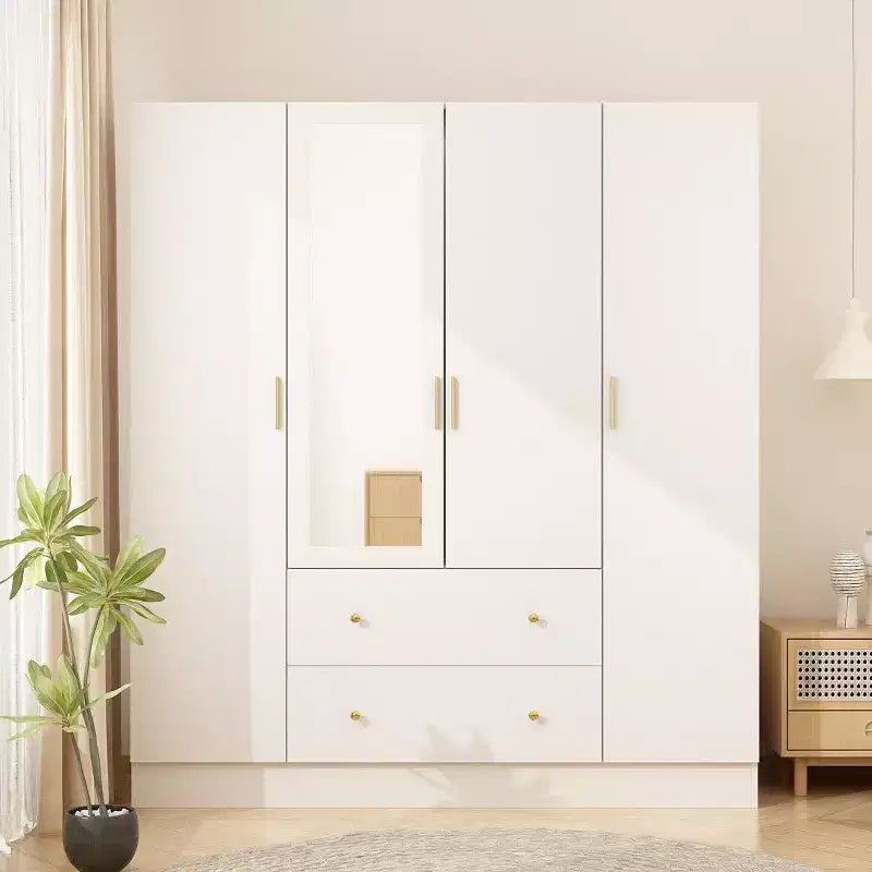 Hitow Kleiderschrank mit 2 großen Schubladen, mittigem Hängbereich und Spiegel, minimalistischer Stil