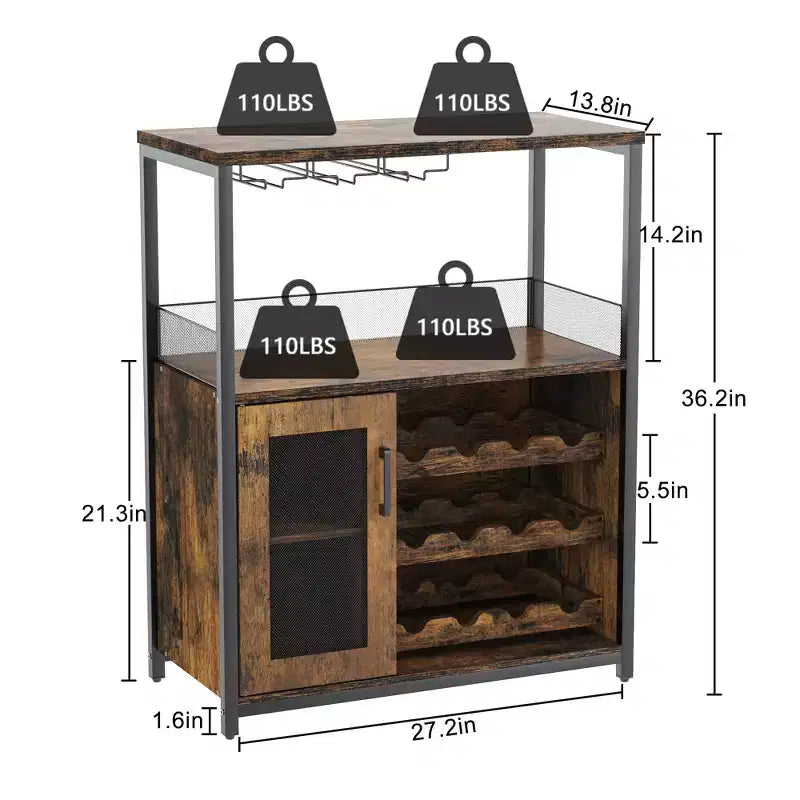 Grijze industriële wijnkast met 3 niveaus (12+ flessen) 36H x 24W x 15D, afneembaar rek, 9 glashouders en verstelbare planken voor thuis of de bar