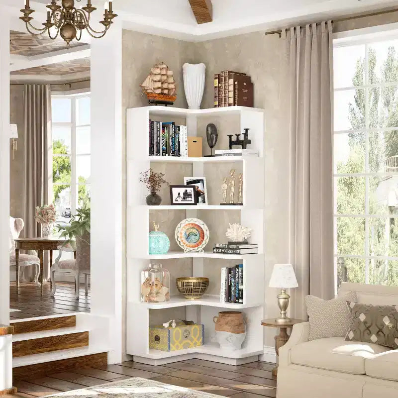 Libreria angolare a 6 ripiani, mobile espositivo salvaspazio