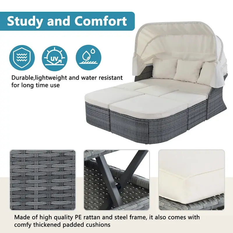 Graues Outdoor-Daybed aus Rattan mit Kissen und ausziehbarem Sonnendach