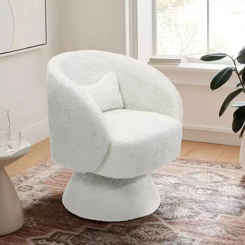 Upholstered Cream Club Swivel Chair with Cream Wood Base, Off-White