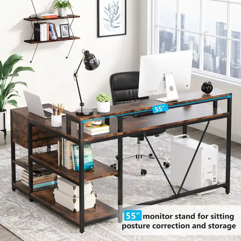 Schreibtisch in L-Form mit Schublade, Eckschreibtisch fürs Homeoffice mit Ablagefächern und Monitorständer, rustikaler PC-Schreibtisch für kleine Räume