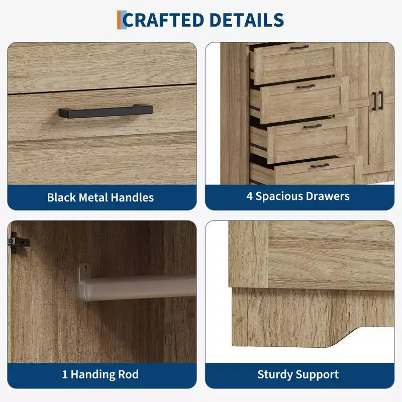 Holzkleiderschrank, 43.3 H hoch, mit 4 Schubladen und Kleiderstange, vielseitiger Kleiderschrank mit Kommode fürs Schlafzimmer