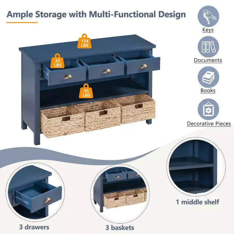 Tavolo consolle da ingresso con contenitore, tavolo da corridoio stile rustico con 3 cassetti e 3 cesti in giacinto d’acqua per soggiorno o ingresso - Panipeachy