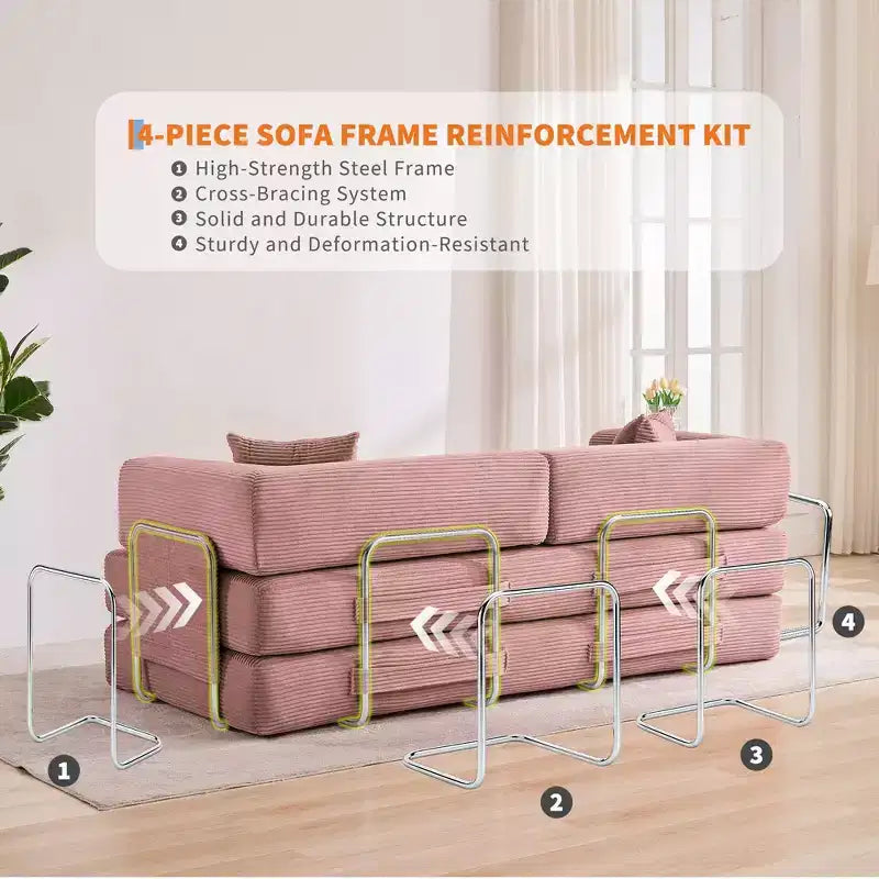 Modernes 79-Futon-Schlafsofa aus Cord für kleine Räume, 5-in-1-Couch mit abnehmbaren Armlehnen und Kissen