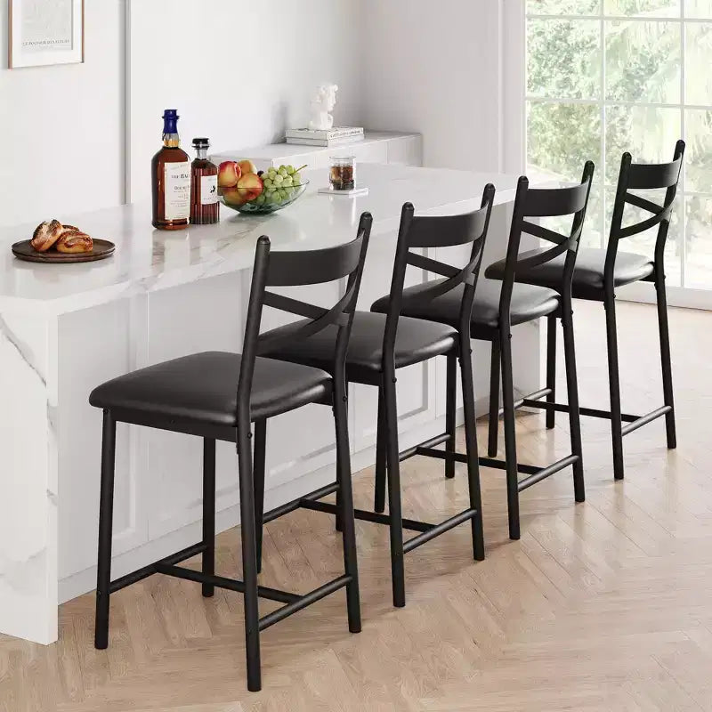 Barhocker, 4er-Set, Barstühle mit PU-Polsterung, Kücheninselstühle mit X-förmiger Rückenlehne und Metallfußstütze, schwarze Stühle in Thekenhöhe