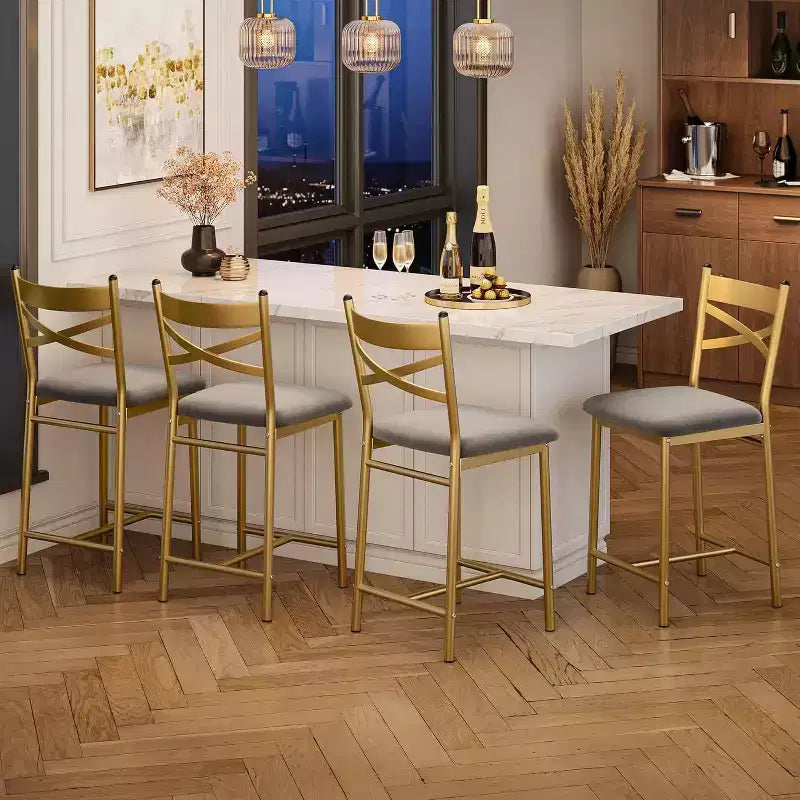 Barhocker, 4er-Set, Barstühle mit PU-Polsterung, Kücheninselstühle mit X-förmiger Rückenlehne und Metallfußstütze, schwarze Stühle in Thekenhöhe