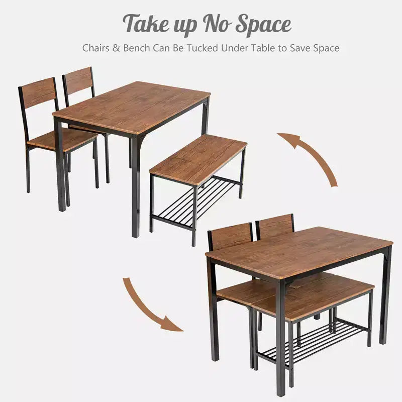 Costway eettafelset met 4 delen, rustieke tafel, 2 stoelen en bank met opbergrek