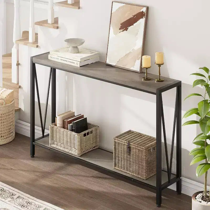 Konsolentisch, 43 Zoll, zweistöckiger Eingangstisch, schmaler Sofatisch mit Stauraum für Wohnzimmer, Flur und Eingangsbereich