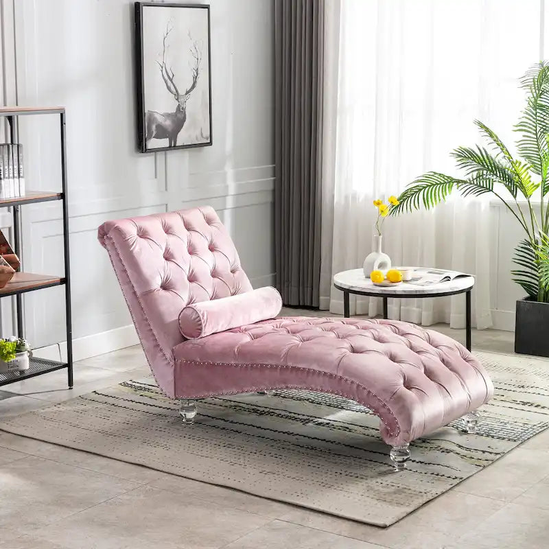 Chaise longue reclinabile imbottita in velluto con bottoni, cuscino e piedini in acrilico