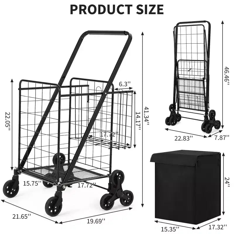 Chariot de courses tout-terrain pour escaliers - 3 roues pivotantes à 360, doublure imperméable,135LBS,chariot pliant en acier au carbone pour le linge et les courses