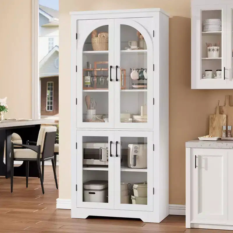 Dispensa da cucina alta 70, mobile espositivo moderno con 4 ante ad arco in vetro e ripiani regolabili, per cucina, soggiorno, sala da pranzo e bagno
