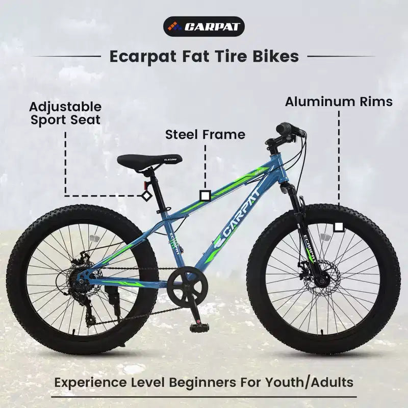 Bicicletta Okak da 24IN con pneumatici larghi e sospensione anteriore, mountain bike a 7 velocità con freno a disco e telaio in acciaio ad alto tenore di carbonio, bici da trail per gli spostamenti