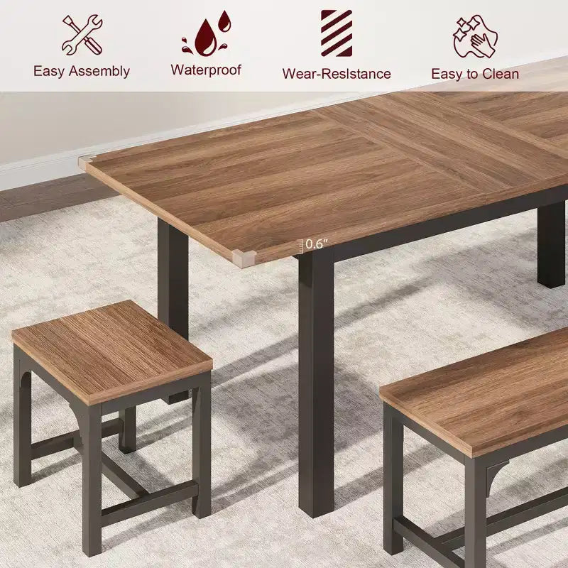 5-teiliges Esszimmer-Set für 4-6 Personen, großer ausziehbarer Esstisch mit 63, Bänken und Hockern