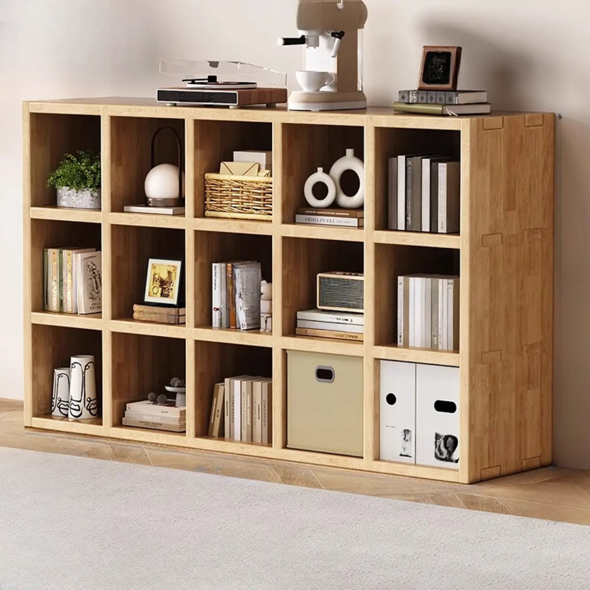 Moderne horizontale houten boekenkast met 8 vakken en naturel afwerking
